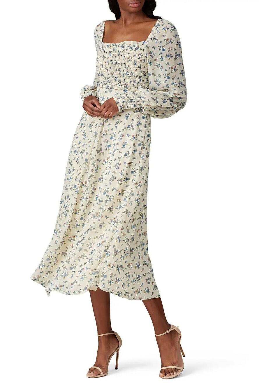 Sweet Baby Jamie Floral Smocked Dress Cream Square Neck Zip Long Sleeve Sz XL